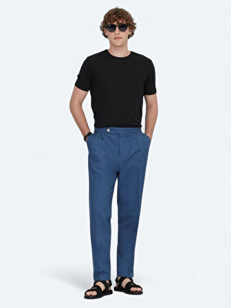 İndigo Dokuma Carrot Fit Casual Pamuk Karışımlı Pantolon