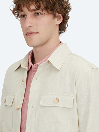 Bej Regular Fit Dokuma Pamuk Karışımlı Overshırt