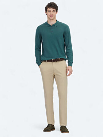 Mint Polo Yaka Düz Örgü Pamuk Karışımlı Triko Kazak