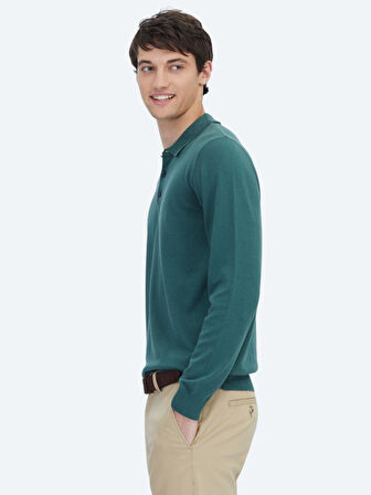 Mint Polo Yaka Düz Örgü Pamuk Karışımlı Triko Kazak