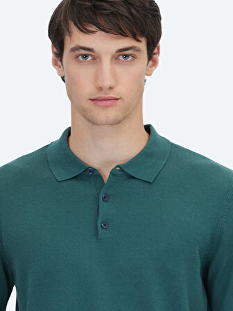 Mint Polo Yaka Düz Örgü Pamuk Karışımlı Triko Kazak