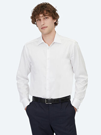 Beyaz Düz Regular Fit Dokuma Klasik %100 Pamuk Gömlek