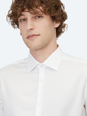 Beyaz Düz Slim Fit Dokuma Klasik %100 Pamuk Gömlek