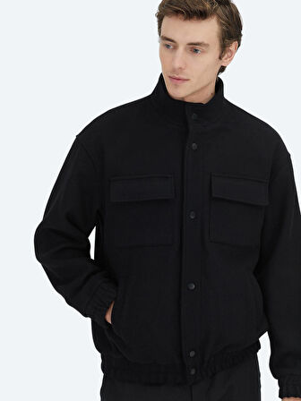 Siyah Comfort Fit Dik Yaka Casual Dokuma Mont