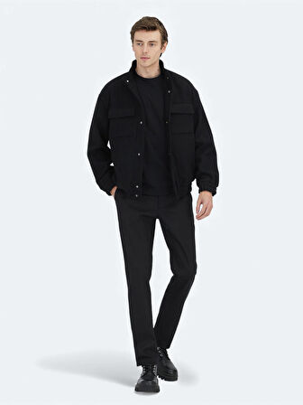 Siyah Comfort Fit Dik Yaka Casual Dokuma Mont