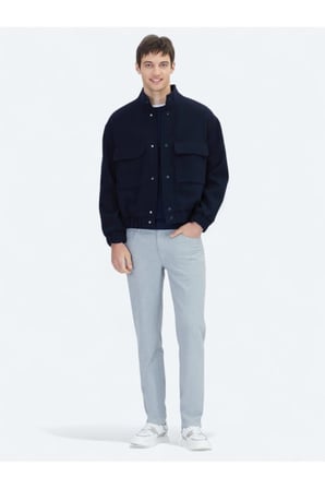 Lacivert Comfort Fit Dik Yaka Casual Dokuma Mont