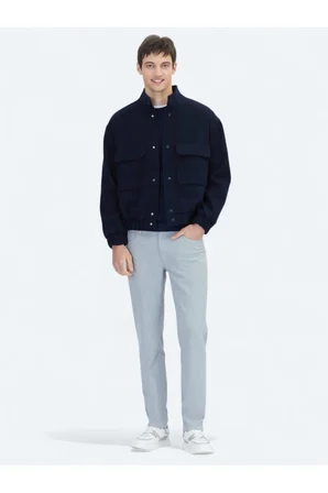 Lacivert Comfort Fit Dik Yaka Casual Dokuma Mont