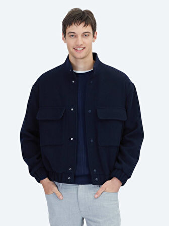 Lacivert Comfort Fit Dik Yaka Casual Dokuma Mont