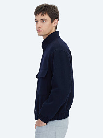 Lacivert Comfort Fit Dik Yaka Casual Dokuma Mont