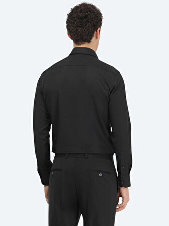 Siyah Düz Regular Fit Dokuma Klasik Pamuk Karışımlı Gömlek