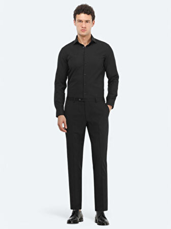 Siyah Düz Regular Fit Dokuma Klasik Pamuk Karışımlı Gömlek