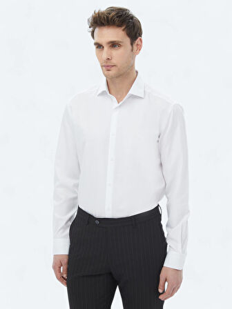 Beyaz Düz Regular Fit Dokuma Klasik Pamuk Karışımlı Gömlek