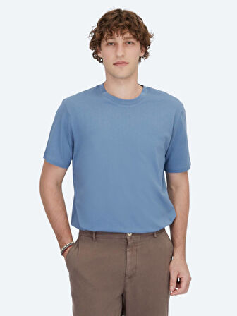 İndigo Bisiklet Yaka %100 Pamuk T-Shirt