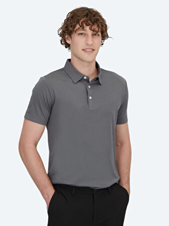 Gri Polo Yaka Pamuk Karışımlı T-Shirt