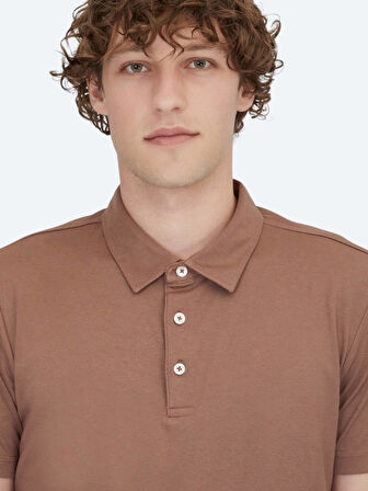 Kahverengi Polo Yaka Pamuk Karışımlı T-Shirt