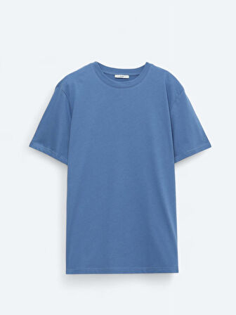İndigo Bisiklet Yaka %100 Pamuk T-Shirt
