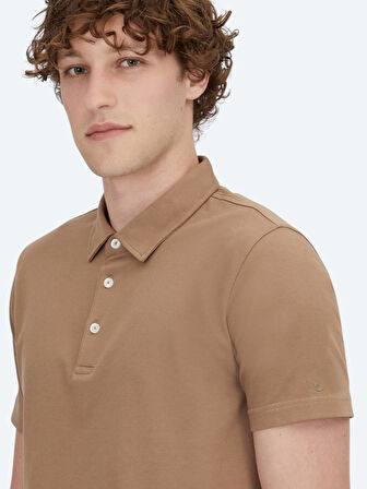 Kahverengi Polo Yaka Pamuk Karışımlı T-Shirt