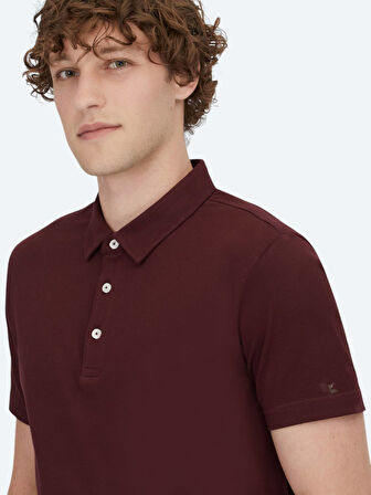 Bordo Polo Yaka Pamuk Karışımlı T-Shirt