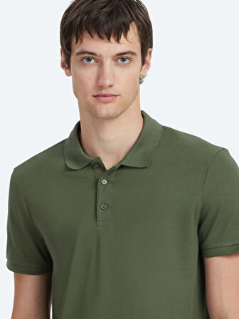 Haki Düz Polo Yaka %100 Pamuk T-Shirt