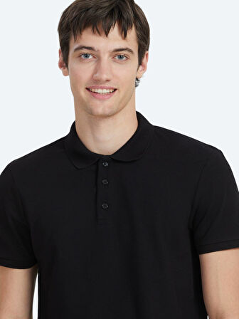 Siyah Düz Polo Yaka %100 Pamuk T-Shirt