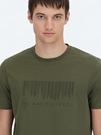 Haki Baskılı Bisiklet Yaka %100 Pamuk T-Shirt