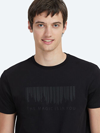 Siyah Baskılı Bisiklet Yaka %100 Pamuk T-Shirt