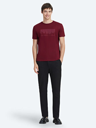 Bordo Baskılı Bisiklet Yaka %100 Pamuk T-Shirt