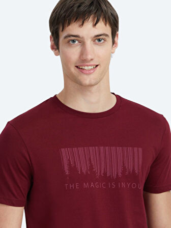 Bordo Baskılı Bisiklet Yaka %100 Pamuk T-Shirt
