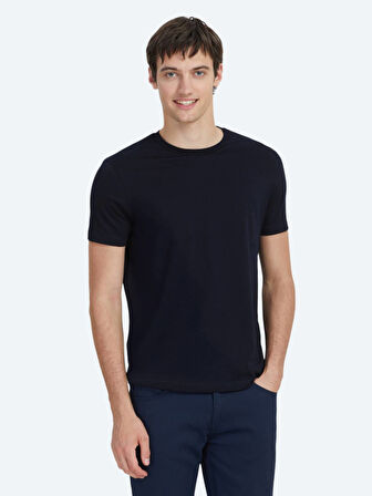 Lacivert Düz Bisiklet Yaka %100 Pamuk T-Shirt