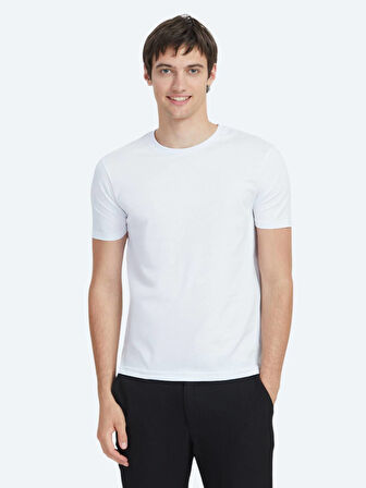 Beyaz Düz Bisiklet Yaka %100 Pamuk T-Shirt