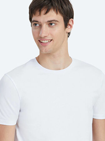 Beyaz Düz Bisiklet Yaka %100 Pamuk T-Shirt