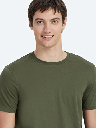 Haki Düz Bisiklet Yaka %100 Pamuk T-Shirt