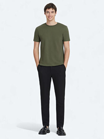 Haki Düz Bisiklet Yaka %100 Pamuk T-Shirt