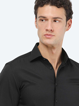 Siyah Düz Slim Fit Dokuma Klasik Pamuk Karışımlı Gömlek
