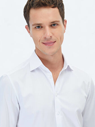 Beyaz Düz Slim Fit Dokuma Klasik %100 Pamuk Gömlek