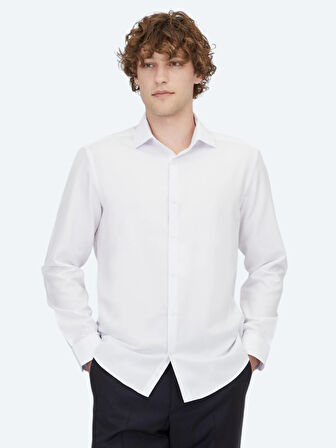 Beyaz Düz Regular Fit Dokuma Klasik Pamuk Karışımlı Gömlek