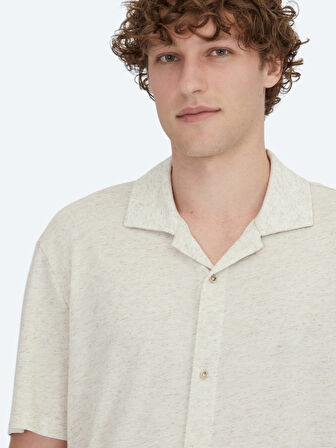 Bej Desenli Regular Fit Casual Keten Karışımlı Gömlek
