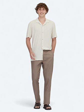 Bej Desenli Regular Fit Casual Keten Karışımlı Gömlek