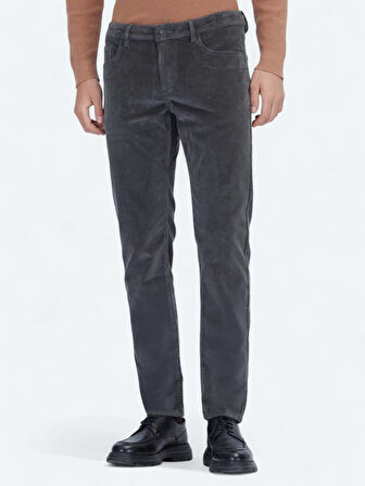 Gri Fitilli Dokuma Slim Fit Kadife Casual Pamuk Karışımlı Pantolon