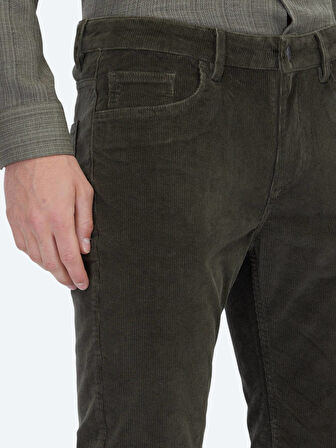 Haki Fitilli Dokuma Slim Fit Kadife Casual Pamuk Karışımlı Pantolon