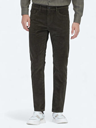 Haki Fitilli Dokuma Slim Fit Kadife Casual Pamuk Karışımlı Pantolon