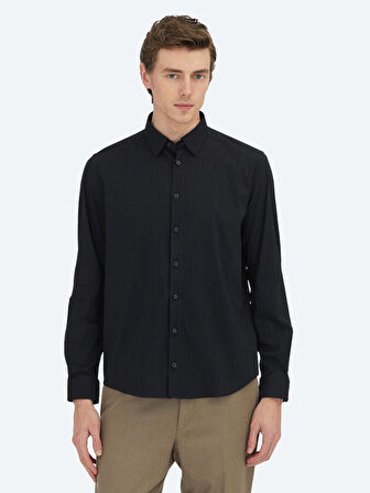 Siyah Çizgili Regular Fit Dokuma Spor Pamuk Karışımlı Gömlek