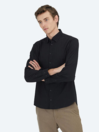 Siyah Çizgili Regular Fit Dokuma Spor Pamuk Karışımlı Gömlek