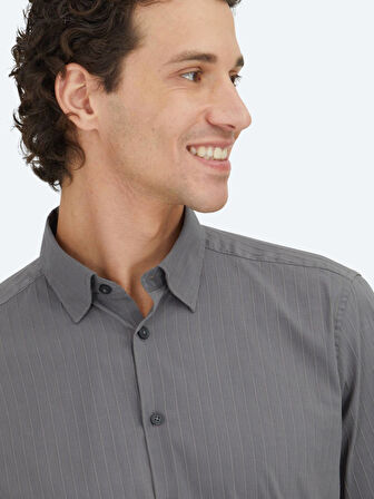 Antrasit Çizgili Regular Fit Dokuma Spor Pamuk Karışımlı Gömlek