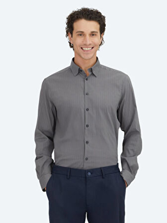 Antrasit Çizgili Regular Fit Dokuma Spor Pamuk Karışımlı Gömlek