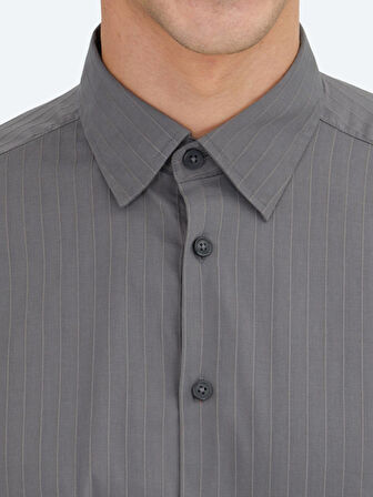 Antrasit Çizgili Regular Fit Dokuma Spor Pamuk Karışımlı Gömlek