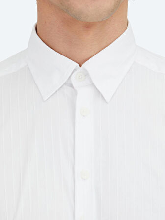 Beyaz Çizgili Regular Fit Dokuma Spor Pamuk Karışımlı Gömlek