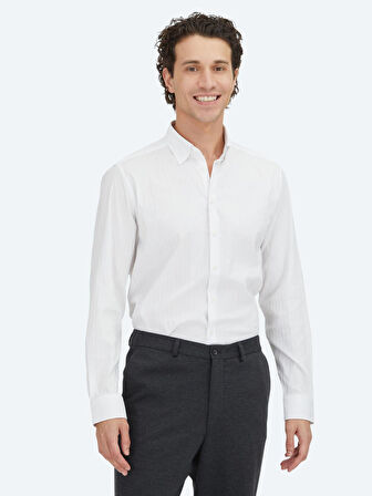 Beyaz Çizgili Regular Fit Dokuma Spor Pamuk Karışımlı Gömlek