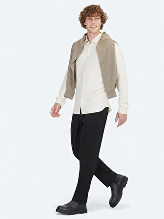 Ekru Regular Fit Dokuma Casual Gömlek