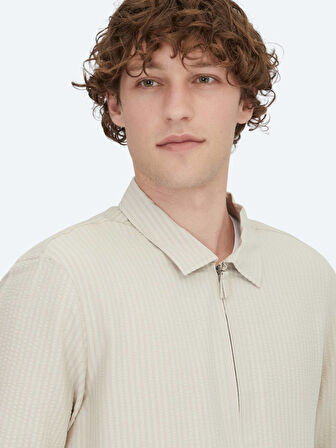 Bej Regular Fit Dokuma Overshırt